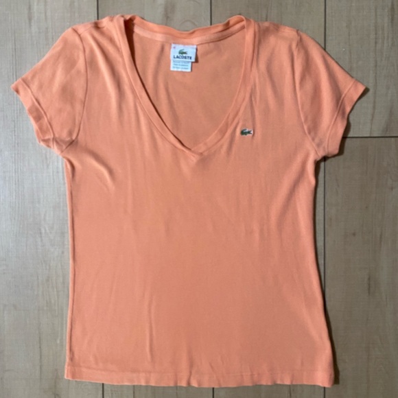 Lacoste V-Neck Logo T-Shirt - Peach Orange, Size 42 (M) Classic Croc - Picture 1 of 12